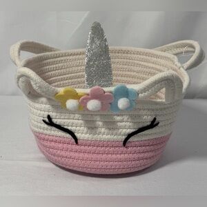 Unicorn Nursery Storage Basket Easter Toy Bin Pink White Rope Kids Organizer #2
